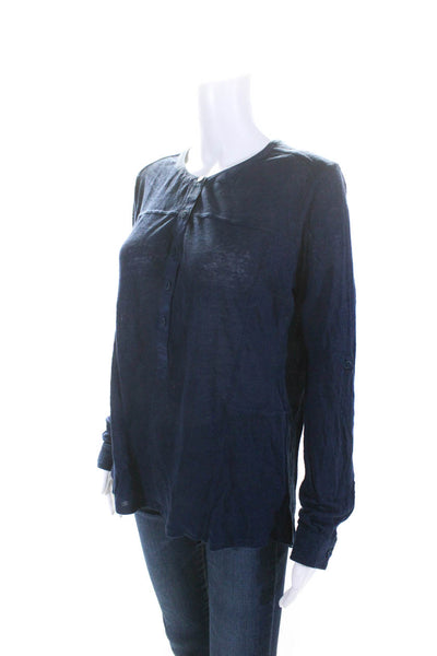 Vince Womens Long Sleeve Knit Crew Neck Henley Top Blouse Blue Linen Size Large