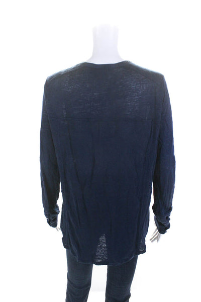 Vince Womens Long Sleeve Knit Crew Neck Henley Top Blouse Blue Linen Size Large