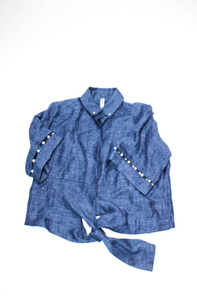 Adam Selman Stateside Womens Blue Faux Pearl Linen Blouse Top Size S XS lot 2