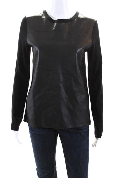 Vince Women's Round Neck Long Sleeves Leather Blouse Black Size M