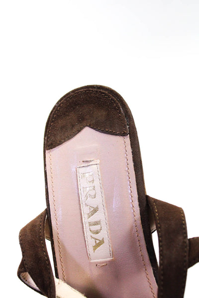 Prada Womens Chocolate Suede Open Toe Ankle Strap Platform Wedge Shoes Size 11