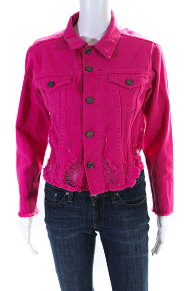 Etienne Marcel Womens Cotton Distressed Button Up Denim Jacket Pink Size S