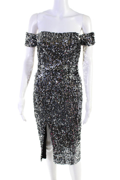 Dress the Population Women's Short Sleeves Sequin Midi Dress Silver Size XS