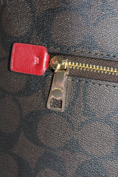 Coach Womens Monogram Canvas Leather Trim Crossbody Handbag Red Brown