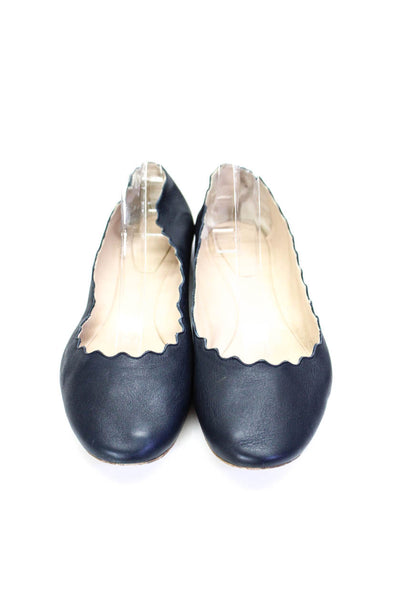 Chloe Womens Navy Blue Leather Scalloped Ballet Flats Shoes Size 10.5