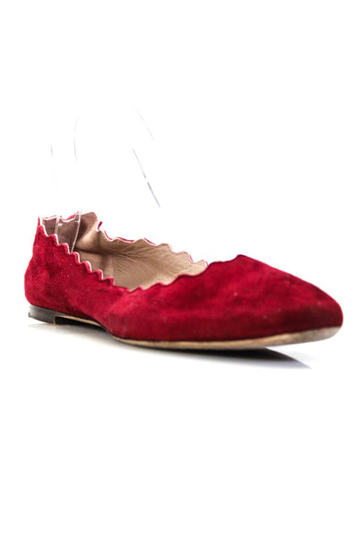 Chloe Womens Dark Red Suede Leather Scalloped Ballet Flats Shoes Size 10.5