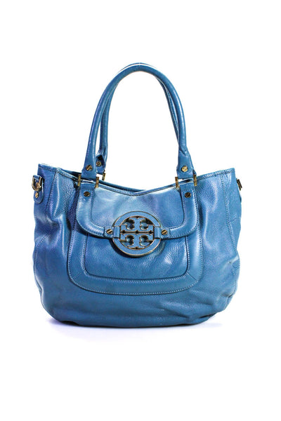 Tory Burch Womens Double Handle Logo Pocket Front Shoulder Handbag Blue Leather