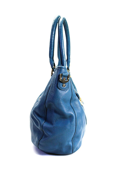 Tory Burch Womens Double Handle Logo Pocket Front Shoulder Handbag Blue Leather