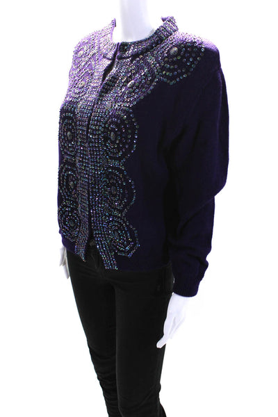 Krizia Womens Wool V Neck Beaded Sequin Embellished Sweater Purple Size M