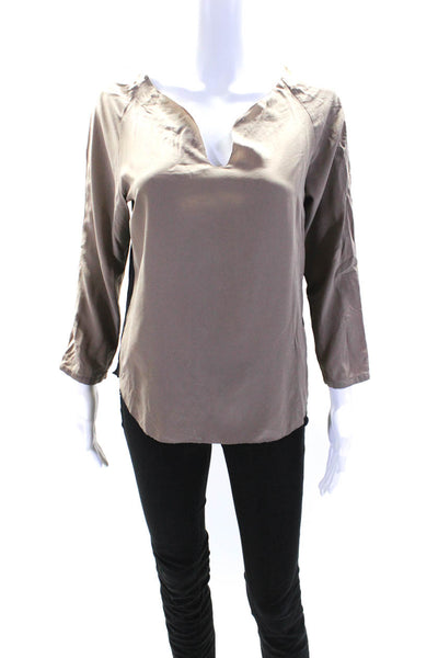 Ulla Johnson Womens Y Neck 3/4 Sleeve Top Blouse Black Brown Silk Size 2