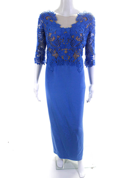 Cristina Ottaviano Womens Lace Yoke 3/4 Sleeve Illusion Gown Dress Blue Size 10
