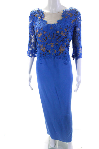 Cristina Ottaviano Womens Lace Yoke 3/4 Sleeve Illusion Gown Dress Blue Size 10