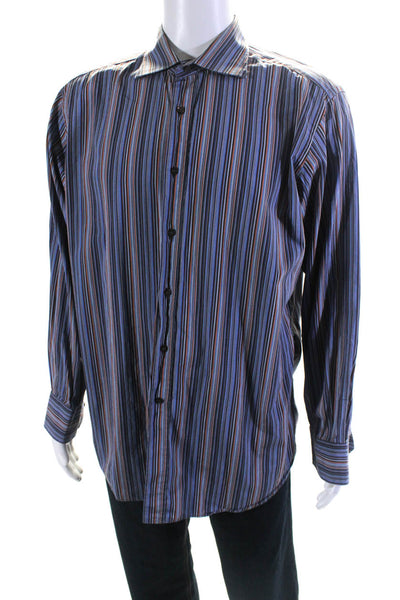Etro Mens Cotton Striped Print Button Collar Long Sleeve Top Purple Size EUR43