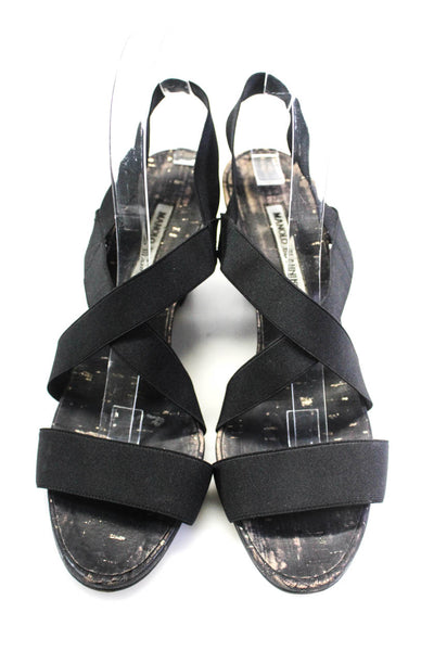 Manolo Blahnik Womens Strappy Elastic Cork Wedge Sandals Black Size 41 11