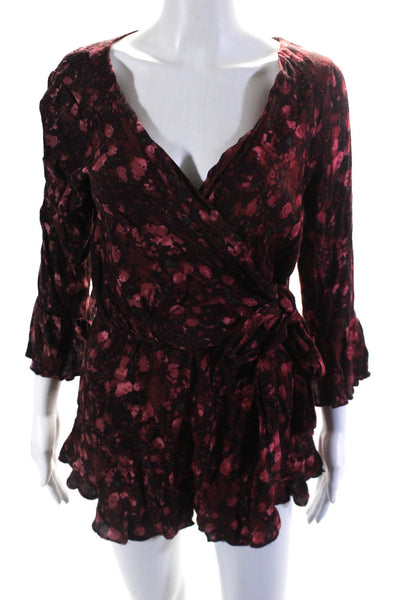 Free People Womens 3/4 Sleeve V Neck Floral Wrap Romper Pink Size Small