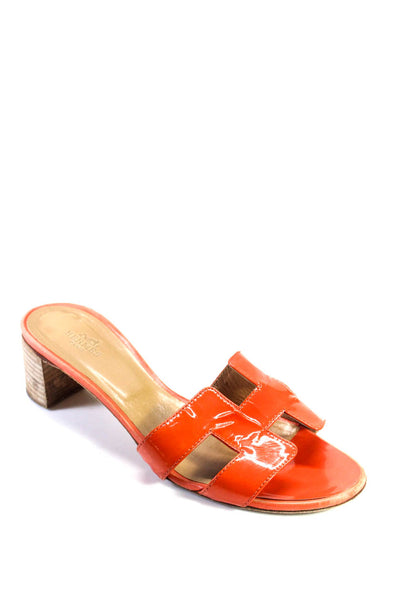 Hermes Womens Oran H Cutout Patent Leather Block Heel Mules Sandals Orange 38 8