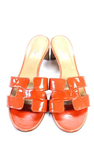 Hermes Womens Oran H Cutout Patent Leather Block Heel Mules Sandals Orange 38 8