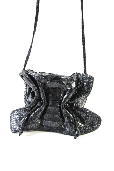 Carlos Falchi Womens Snakeskin Drawstring  Crossbody Mini Bag Black Size S