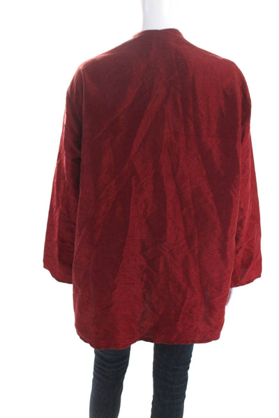 Eileen Fisher Womens Silk Embossed Buttoned Long Sleeve Blouse Red Size 1X