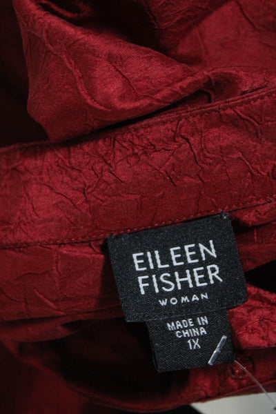 Eileen Fisher Womens Silk Embossed Buttoned Long Sleeve Blouse Red Size 1X