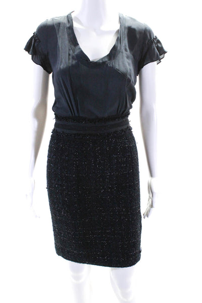 Rebecca Taylor Womens Navy Textured Scoop Neck Short Sleeve Shift Dress Size 0