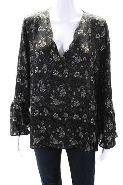 Kobi Halperin Womens Black Silk Floral V-Neck Long Sleeve Blouse Top Size L