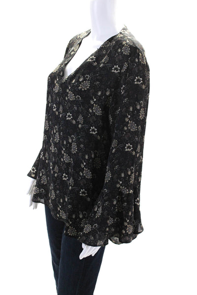 Kobi Halperin Womens Black Silk Floral V-Neck Long Sleeve Blouse Top Size L