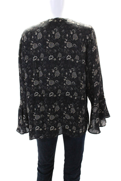 Kobi Halperin Womens Black Silk Floral V-Neck Long Sleeve Blouse Top Size L