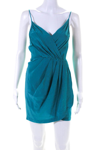 Yumi Kim Womens Silk Pleated V-Neck Sleeveless Zip Up Mini Dress Blue Size XS
