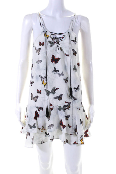 The Kooples Womens Silk Butterfly Print Lace Up Mini Dress White Size XS