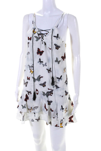 The Kooples Womens Silk Butterfly Print Lace Up Mini Dress White Size XS