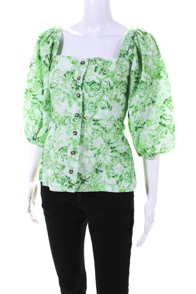Ganni Womens Cotton Floral Puff Sleeve Off The Shoulder Blouse Top Green Size 34