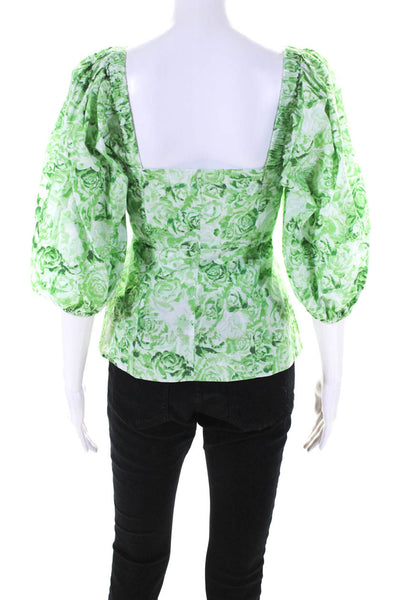 Ganni Womens Cotton Floral Puff Sleeve Off The Shoulder Blouse Top Green Size 34