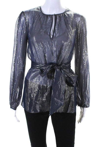 Intermix Womens Sheer Metallic Striped Long Sleeve Blouse Top Navy Size P