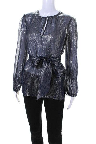 Intermix Womens Sheer Metallic Striped Long Sleeve Blouse Top Navy Size P