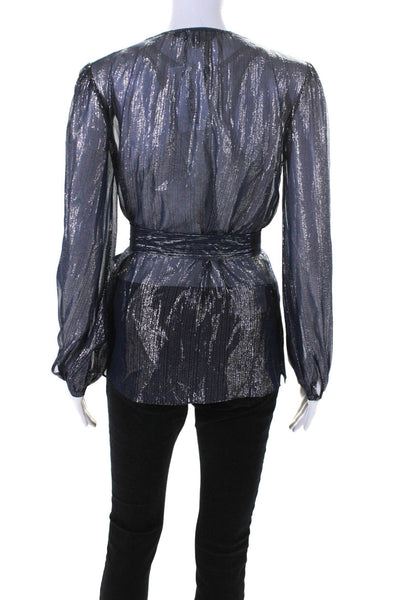 Intermix Womens Sheer Metallic Striped Long Sleeve Blouse Top Navy Size P