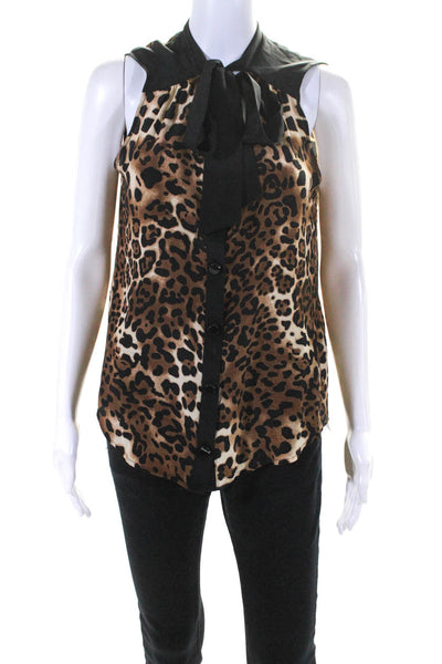 Rebecca Minkoff Womens Button Front Tie V Neck Leopard Silk Top Brown Medium