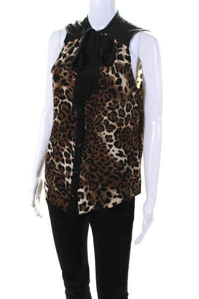 Rebecca Minkoff Womens Button Front Tie V Neck Leopard Silk Top Brown Medium