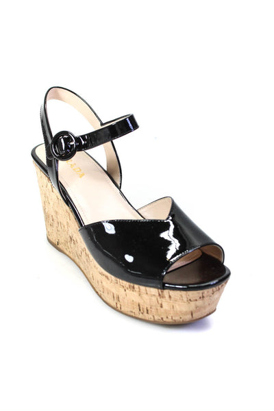 Prada Womens Patent Leather Peep Toe Buckled Platform Sandals Black Size EUR41