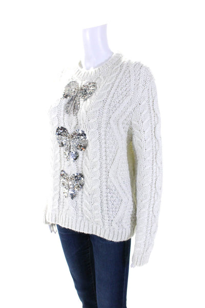 Valentino Womens Metallic Crochet Knit Sequin Bow Sweater White Size Medium