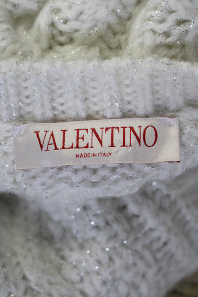 Valentino Womens Metallic Crochet Knit Sequin Bow Sweater White Size Medium