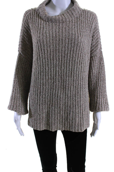 Eileen Fisher Womens Organic Cotton Mock Neck Pullover Sweater Top Beige Size L