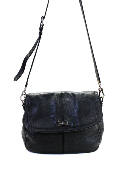 Cole Haan Womens Leather Darted Snapped Buttoned Strap Shoulder Handbag Navy