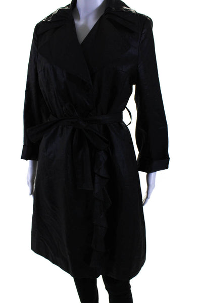 Tahari Womens Collared Buttoned-Up Belted Long Sleeve Raincoat Black Size M