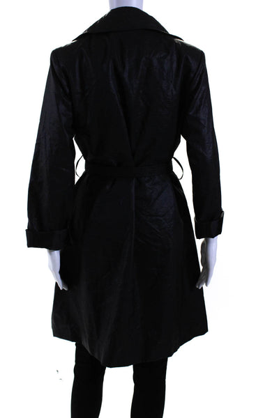Tahari Womens Collared Buttoned-Up Belted Long Sleeve Raincoat Black Size M