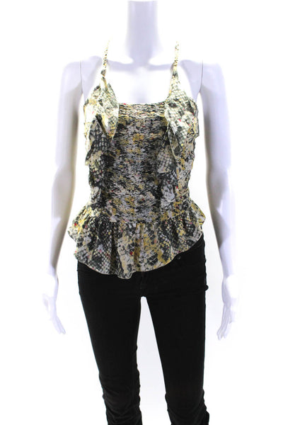 Isabel Marant Womens Silk Abstract Ruched Round Neck Tank Top Yellow Size 36