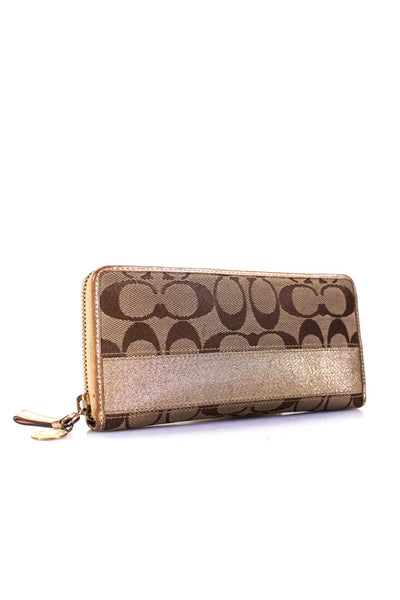 Coach Wwomens Metallic Logo Print Zip Up Wallet Gold