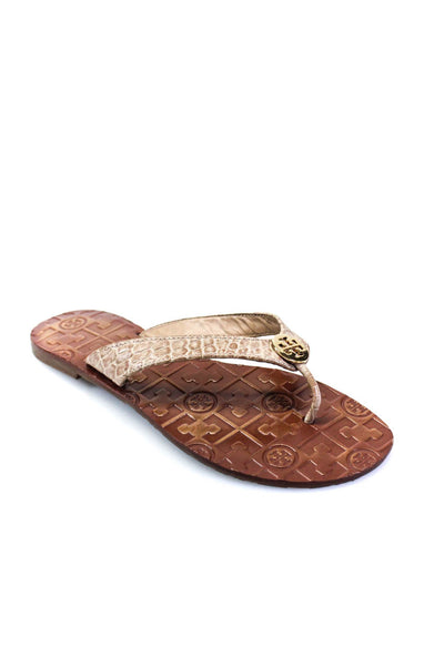 Tory Burch Womens Embossed Patent Leather Flip Flops Sandals Beige Size 7M
