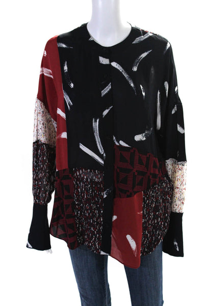 Joie Womens Silk Long Sleeve Abstract Print Button Down Blouse Black Red Size M