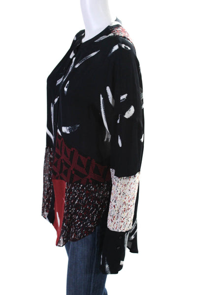 Joie Womens Silk Long Sleeve Abstract Print Button Down Blouse Black Red Size M